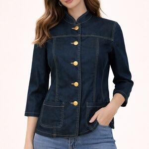 Vtg VERSAILLES Navy Chambray High Collar Button Down Quarter Sleeve Shacket